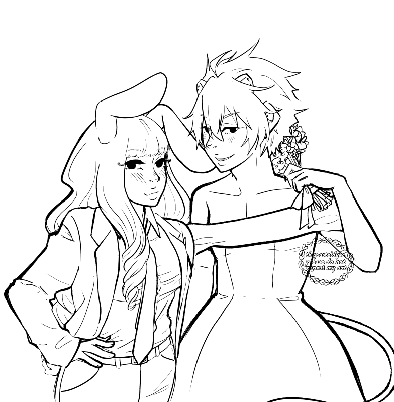 Lineart of Chuchu and Crow. Crow is wearing a wedding dress, holding a bouquet that's thrown on his shoulder. The dress isn't quite his size. He's grinning. Chuchu is wearing a suit, her hand on her hip. The shirt is too tight over the boobs, the sleeves are too long. She's smiling. They appear to have changed clothes.